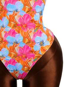 Zestiva New Floral Print V-Neck Ruffle Strap One-Piece Swimsuit, Fashionable & Sexy For Vacation - Multicolor - View 5