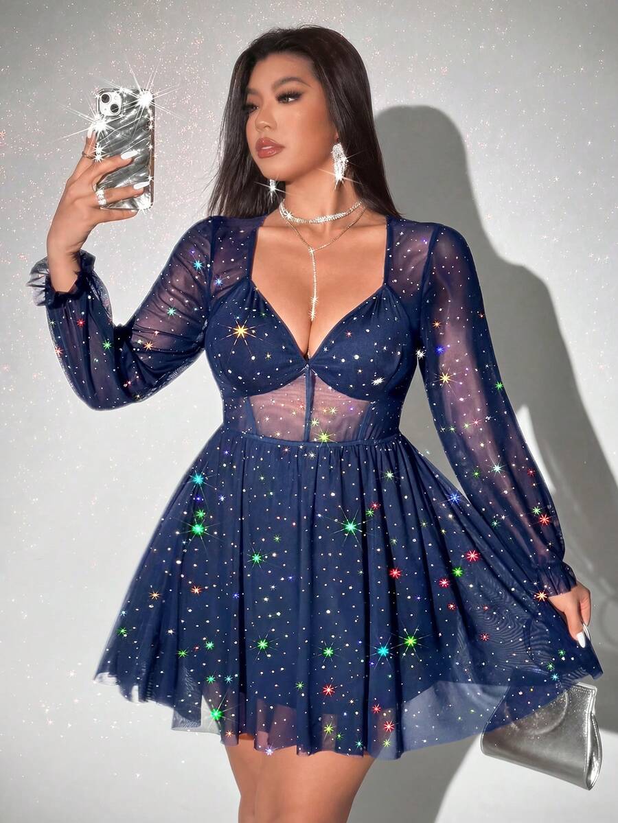 Viva Relle Đầm ngắn dáng chữ A tay dài cổ chữ V gợi cảm dành cho nữ cỡ lớn, thích hợp dự tiệc. - Màu xanh hải quân - Xem 1