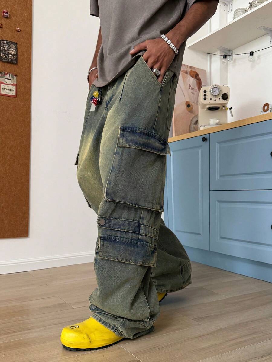 STEELVANCE Quần jeans cargo ống đứng rộng rãi, kiểu dáng vintage, nhiều túi, thời trang đường phố. - Màu xanh bụi bặm - Xem 1