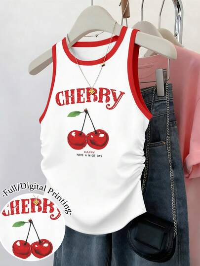 Resyla Women's Waist Cinched Block Color Short Sleeve Cherry Graphic Print Basic Tee Tank Top Shirt
