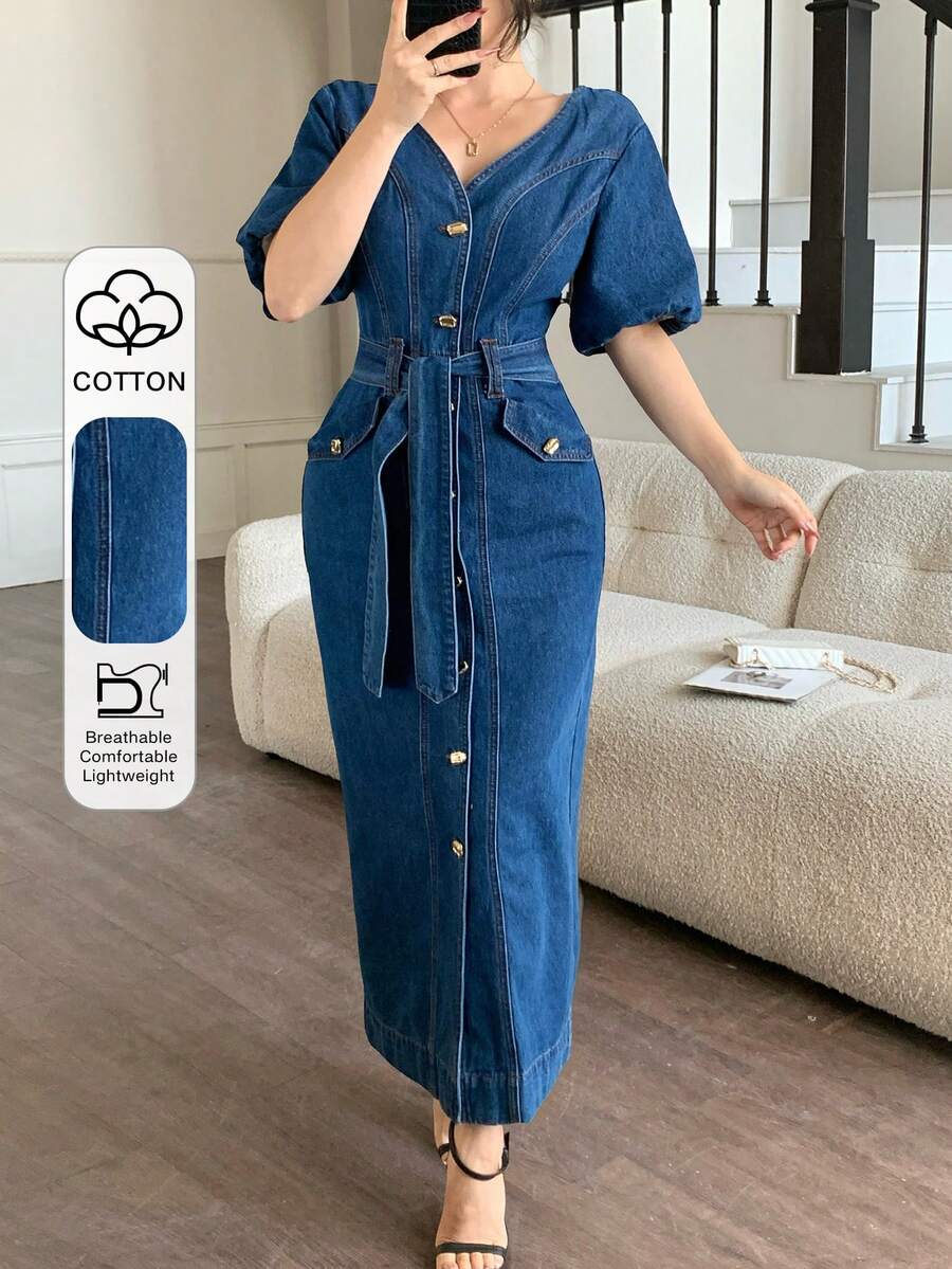 DAZY Vestido largo de mezclilla lavada con cuello en V, mangas cortas y cinturón elegante para mujer - Azul lavado medio - Ver 1