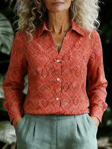 EMERY ROSE 女士几何印花翻领单排扣休闲百搭日常长袖衬衫 - 紅色 - 查看 3