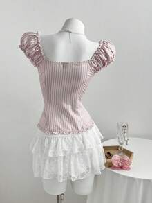 Elamini Women's Light Pink Striped Petal Sleeve Fitted Shirt,1960s Vintage Summer Tea Party Corset Tops And Blouses,Sweet Short Sleeve Shirts For Women - Pink - View 2