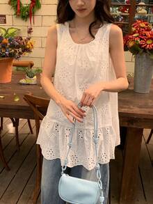 DAZY 女士圆领无袖蕾丝面料休闲套头衫夏季 - 白色 - 查看 6