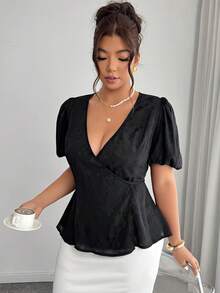 Elenzga Plus Size Women's Elegant Wrap A-Line Petal Sleeve Jacquard Blouse, Spring/Summer - Black - View 3