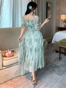 DAZY Women's Square Neck Short Sleeve Cinched Waist Casual Chiffon Dress, Vacation Style Dress - Green - View 6