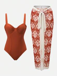 Swim Oasis Women's Beach Vacation Jumpsuit & Cover-Up Skirt Set - Brown - View 4