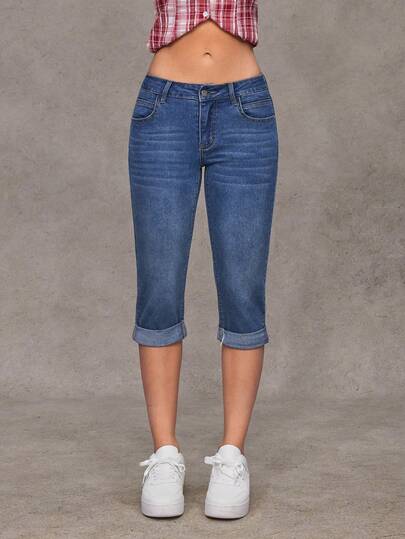 Jeanoix Y2K Women's Fashion Casual Versatile Fold-Over 7/8 Stretch Skinny Jeans