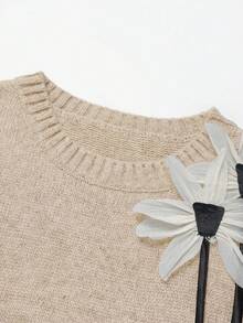 Franclia 秋冬新款宽松碎花圆领无袖针织背心搭配碎花灰色A字针织中长裙，女士两件套毛衣套装 - 杏色 - 查看 4