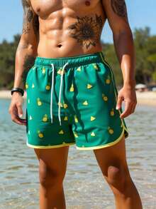 Surfspeed Men's Pineapple Print Drawstring Waist Pocket Beach Shorts Men Matching Swim Trunks Swim Trunks For Men Beachwear For Men Men Swim Trunks Shorts Men Swim Trunks, Hawaiian Pineapple Print Swim Shorts Men's Pineapple Shorts Men Green Swim Trunk Men's Green Pineapple Shorts Men's Pineapple Swim Trunks Men's Green Shorts - Green - View 6