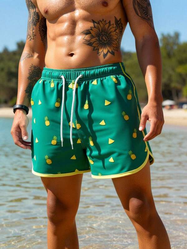 Manfinity Swimmode Men's Pineapple Print Drawstring Waist Pocket Beach Shorts Men Matching Swim Trunks Swim Trunks For Men Beachwear For Men Men Swim Trunks Shorts Men Swim Trunks, Hawaiian