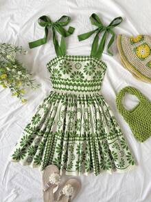 Vestido casual de tirantes con estampado floral para niña preadolescente - Verde - Ver 1