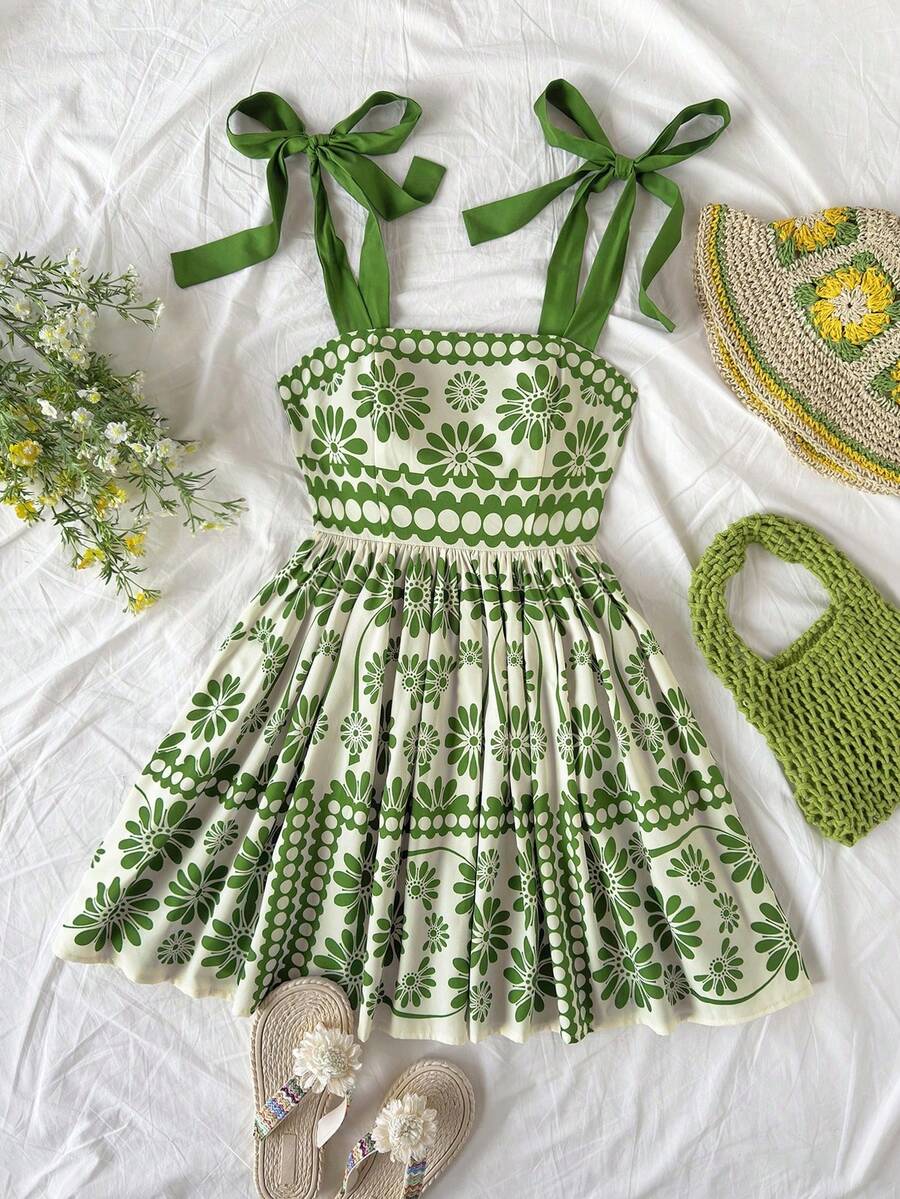 Vestido casual de tirantes con estampado floral para niña preadolescente - Verde - Ver 1