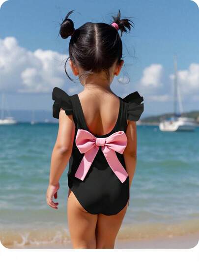 SHEIN Pelele sin espalda con lazo y mangas cortas para bebé niña, traje de baño para playa