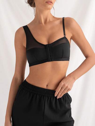 DesireSculpt 1pc Women Minimalist Solid Color Splice Sheer Mesh Bra