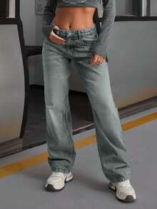 EURMUSE WOMEN LOW WAIST STRAIGHT Y2K WASH STREET WEAR - Light Wash - View 3