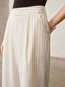 MOTF PREMIUM 休闲条纹亚麻质感通勤阔腿西装裤 - 白色 - 查看 5