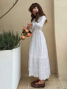 DAZY French Peter Pan Collar Waist Cinched Dress, French Elegant Style Long Dress For Women - White - View 6