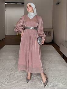 DAZY 女士优雅亮片撞色V领纹理中长连衣裙，春夏款，婚礼宾客礼服，女士吊带裙 - 粉色 - 查看 3