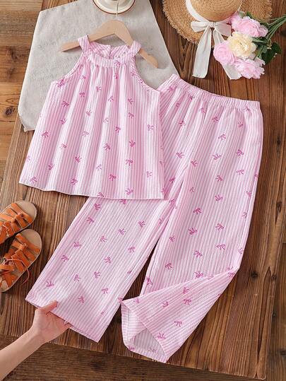 SHEIN Vintaside Kids 少女甜美清新蝴蝶印花露背上衣和阔腿裤套装，宽松舒适，适合日常外出、休闲聚会、舞蹈活动等场合。