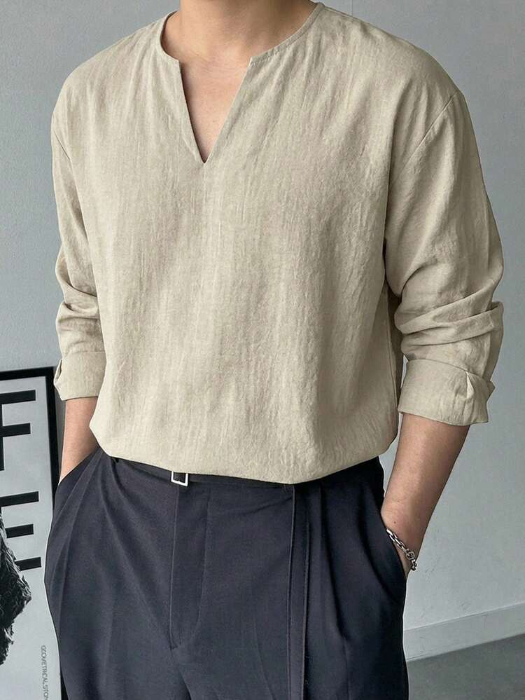 Men's Casual Everyday Commute Minimalist Solid Color Notched Neck Long Sleeve T-Shirt, Suitable For Spring And Autumn
