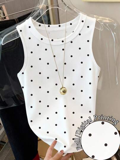 Resyla Polka Dot Print Round Neck Fitted Casual Tank Top For Summer