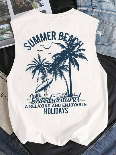 Manfinity Joysei Men's Round Neck Letter & Coconut Tree Print Casual Versatile Top, Suitable For Leisure, Vacation And Outings Men Vacation Outfit Graphic Mens Beach Tank Top Mens Tank Tops Vacation Summer Graphic Tees Summer Streetwear