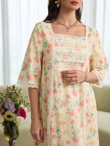 Al Najma Romantic Square Neck Lace Trim Long Sleeve Robe, Fashionable For Spring/Summer - Multicolor - View 5