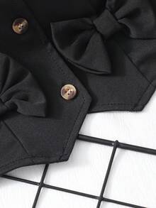 SHEIN Completo estivo da 2 pezzi nero per ragazza, top e pantaloncini stile principessa con fiocco, abbigliamento alla moda di alta qualità per uso quotidiano per ragazza - nero - Visualizzare 5