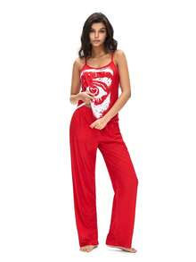 SHEIN 女士睡衣套装，上衣为红色吊带背心款式，饰有白色艺术眼妆图案印花（包括心形瞳孔和眉钉元素），具有暗黑前卫的美感；下装为配套的红色阔腿裤，整套睡衣采用统一的红色调，并饰有个性化图案，增强了服装的视觉冲击力和风格特征。 - 紅色 - 查看 3