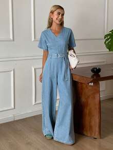 DAZY Women's V-Neck Short Sleeve Waist Cinched Casual Denim Jumpsuit - Light Wash - View 4
