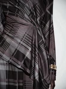 Lumivelle Women's Dark Grey Plaid 2 Pieces Set,Autumn Elegant Dining Outfit,Wrap-Style Draped Collar,Waist Ruching,High-Waisted Wide-Leg Straight Pants,Retro - Multicolor - View 5
