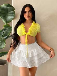 SHEIN SXY Ruffled Lace Patchwork Elastic Waist Casual Midi Skirt - White - View 4