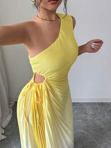 Modelyn Yellow Sleeveless Asymmetric Neck Pleated Ombre Dress For Women - Yellow - View 4