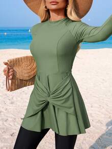 Swim Mulvari 2pcs/Set Spring/Summer New Green & Black Twist Front Long Sleeve Top And Leggings Vacation Beach Casual Burkini Suit For Women - Multicolor - View 5