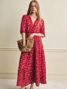 Écloséra 女士夏季通勤迷你碎花腰部花瓣袖连衣裙 - 紅色 - 查看 5