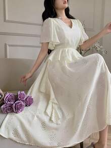 DAZY Women's V-Neck Shiny Fabric Waist Cinched Ruffle Sleeve Maxi Elegant Dress - Beige - View 4