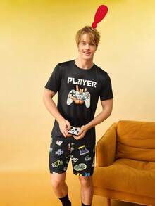 Men's Funny Game Console Print Short Sleeve Pajama Set - Multicolor - View 1