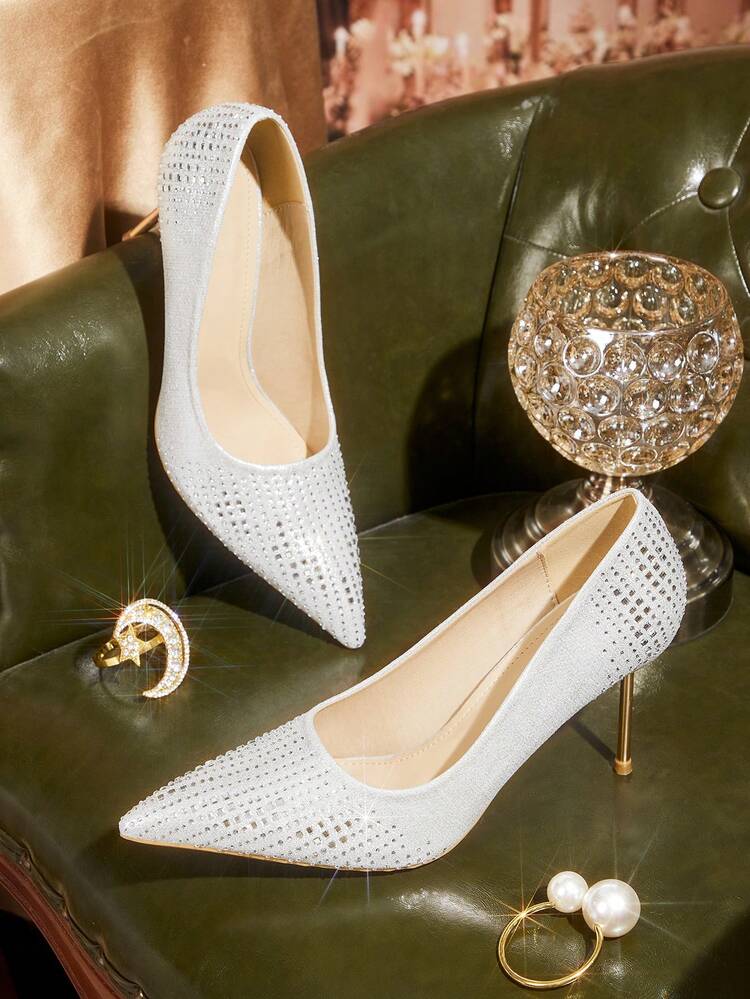 CUCCOO TILAWA Ladies Silver Fashion Elegant Pointed High-Heeled Shoes, Upper Rhinestone Decorative Stiletto Sexy Versatile High-Heeled Shoes, Charming Party Sexy Fashion Comfortable Stiletto Shoes, Office Women Outdoor Wear, Suitable For Weddings, Dinners, Parties, Spring Break Easter