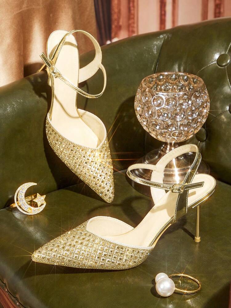 CUCCOO TILAWA Women's Gold Fashion Elegant Pointed High-Heeled Shoes, Toe Head Rhinestone Glass Decorative Thin Heel Sexy Ankle Strap High-Heeled Shoes, Charming Party Sexy Fashion Comfortable High-Heeled Shoes, Women's Outdoor Wear, Suitable For Weddings, Dinners, Parties, Spring Break Easter