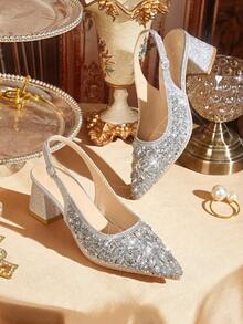 CUCCOO TILAWA Women's Shoes Square Heel Glass Rhinestone Decorative Pointed Women's High-Heeled Shoes, Suitable For Going Out, Banquets, Parties And Other Activities - Silver - View 4