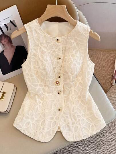 Franclia Plus Size Women's Casual Vacation Vintage Woven Floral Embroidery Round Neck Sleeveless Open Front Vest, Spring/Summer
