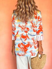 INAWLY 女士翻领单排扣螃蟹龙虾印花休闲百搭日常衬衫 - 彩色 - 查看 2