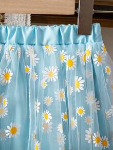 A Little Girl's Elegant Blue Skirt, Featuring A Layered Design With A Transparent Outer Layer Of Daisy-Printed Mesh Fabric. The Elastic Waistband Makes It Suitable For Everyday Wear, Beach Vacations, And Casual Outings - Blue - View 4