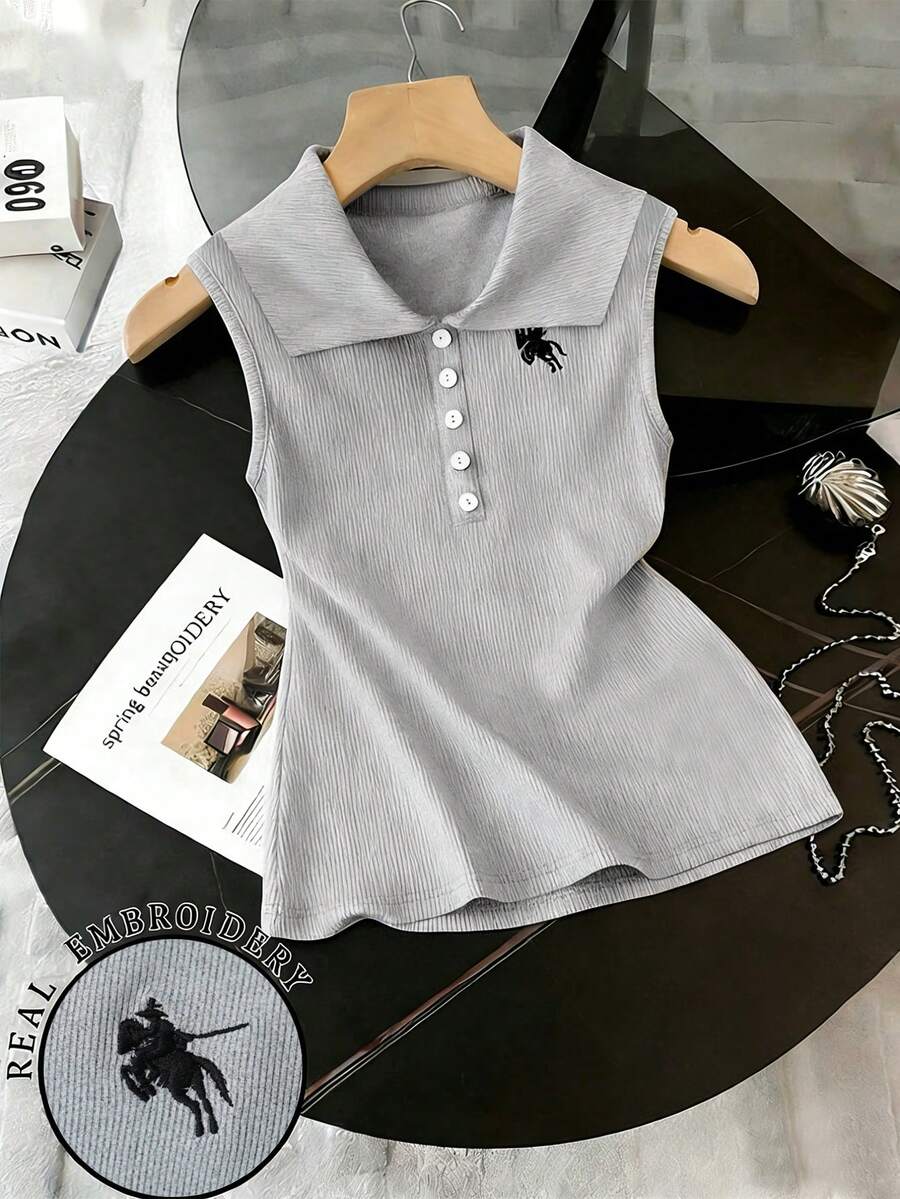 GlowEve Top sin mangas casual de mujer de verano con cuello falso bordado, de punto elástico y ajuste ceñido - Gris - Ver 1