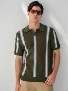 RONVEXI Polo Rajut Pria Lengan Pendek Motif Garis-garis Blok Warna untuk Liburan & Perjalanan Kasual Musim Panas - MultiWarna - View 4
