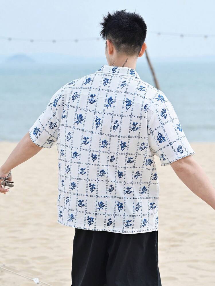 Men's Floral Print Short Sleeve Shirt, Multi-Color, Summer