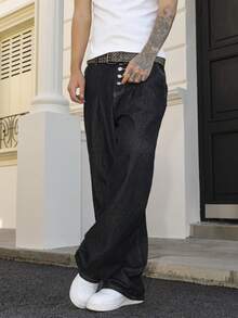 Manfinity Roghcode Men's Dark Wash Blue 5-Button Loose Wide Leg Jeans Men Wide Leg Pants - Dark Wash - View 4
