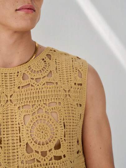 RONVEXI Men's Summer Beach Vacation Solid Color Open Knit Sweater Vest