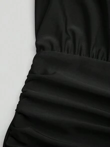 Sweetra Plus Size Women's Off Shoulder Red Metal Decor Cinched Waist Fitted Short Ruffle Hem Long Sleeve Summer Dress - Black - View 8
